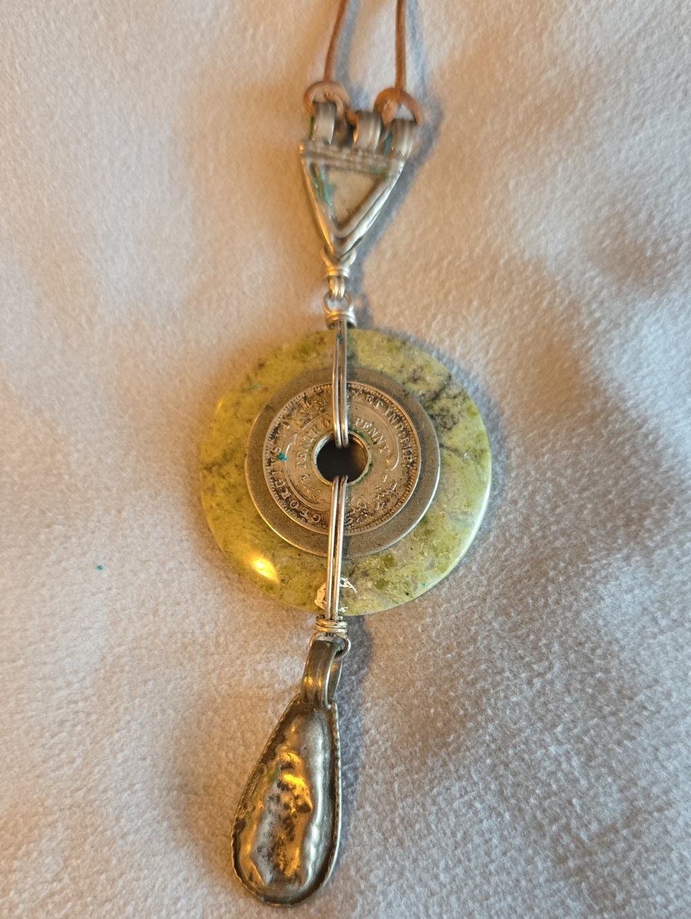 Vintage Artisan Coin Pendant – British West Africa 1/10 Penny & Green Stone